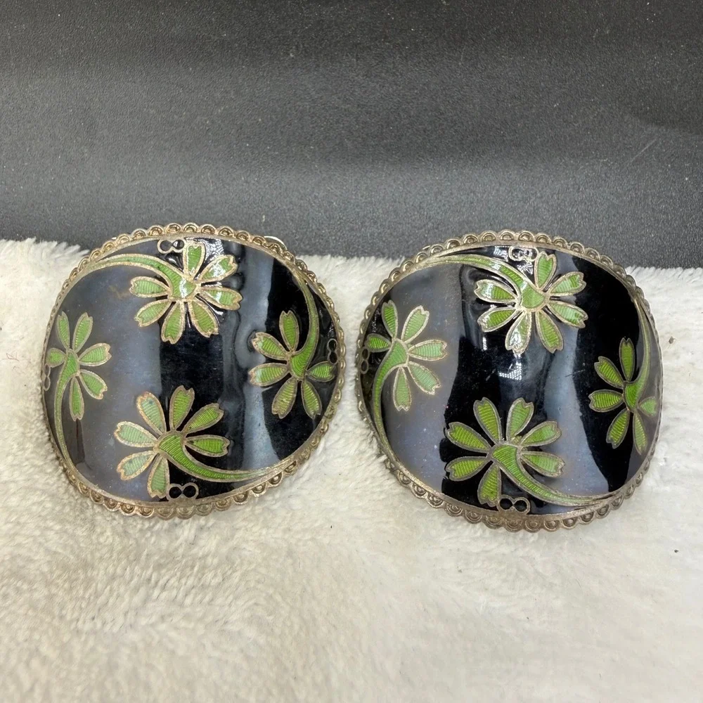 Vintage France Enamel Scarf Clips Black Green Floral Pair READ